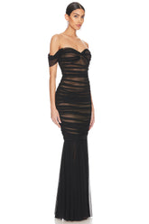 Hazel Off Shoulder Ruche Mesh Maxi Dress